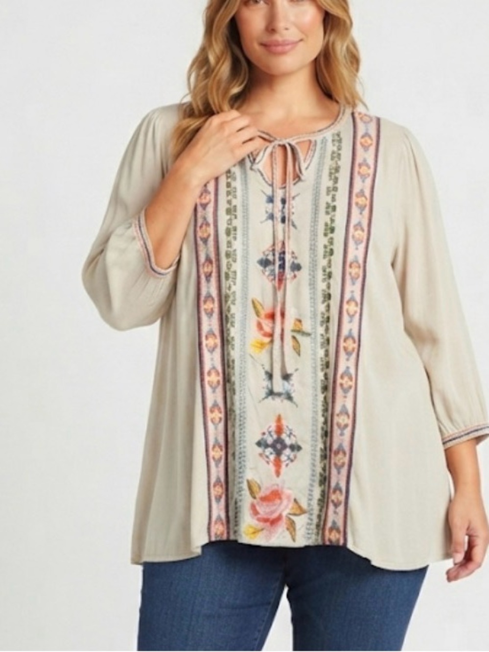Andree‎ by Unit Women’s 1X Embroidered Tunic Top Gray 70s HippieBoho Rayon
